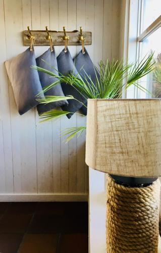 a plant in a basket next to a wall with pillows at Kaptenshuset Hotell in Kivik