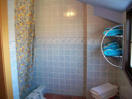 a bathroom with a shower and a toilet and towels at -4-MEJOR QUE EN CASA, centro historico de Ubeda in Úbeda