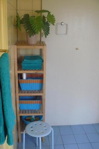 a room with a shelf with a plant and a stool at Amsterdam Beach Apartment in Zandvoort