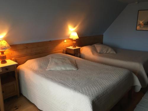 two beds in a bedroom with two lamps on both sides at Bladelijn in Lampernisse