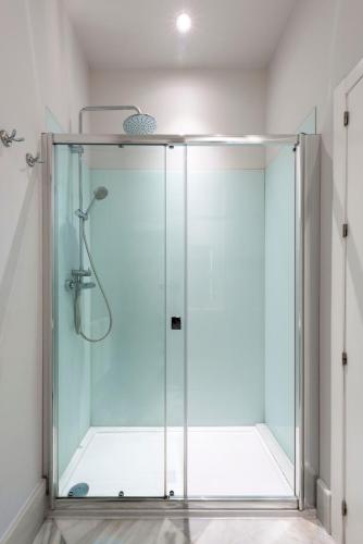 a shower with a glass door in a bathroom at Suites Sevilla Plaza in Seville