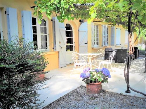- une terrasse avec une table, des chaises et des fleurs dans l'établissement La Chapelle du Chateau Lagarrigue, à Strenquels