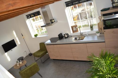 a kitchen with a sink and a counter and two windows at Natuurlijk Genieten in Bemmel