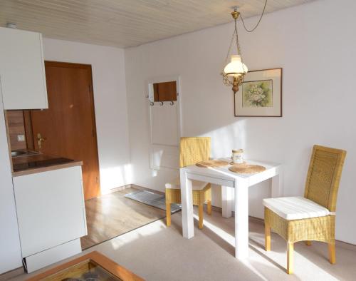 uma cozinha com mesa e cadeiras num quarto em Haus Maria Elisabeth em Mittenwald