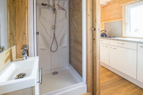 a bathroom with a shower and a sink at Tinyhouse Postalm in Abtenau