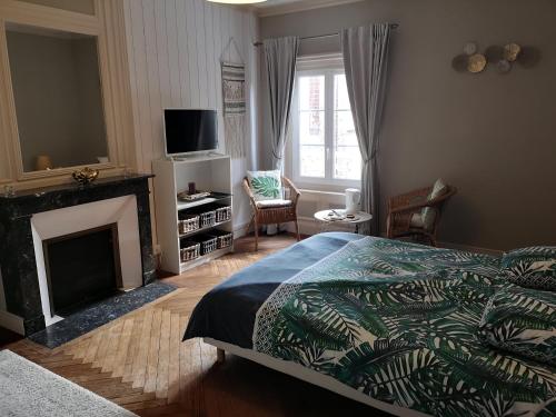 a bedroom with a bed and a fireplace and a television at La Nouvelle Criqueboise in Criquebeuf-en-Caux