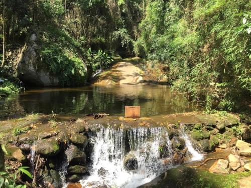 a small pond with a waterfall in a forest at Pousada Quinta das Nascentes in Petrópolis