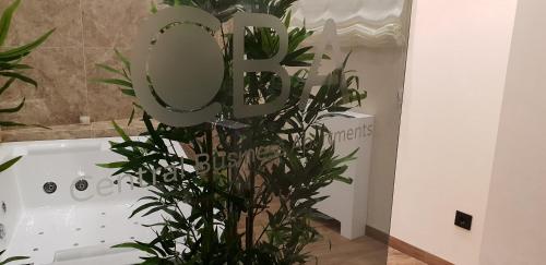 a bathroom with a tub with a mirror and a plant at Central Business Apartments Jacuzzi in Belgrade