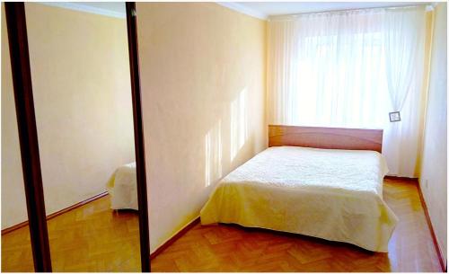 ニジネカムスクにあるАпартаменты в Центре на Химиков 44のベッドルーム1室(ベッド1台、大きな窓付)