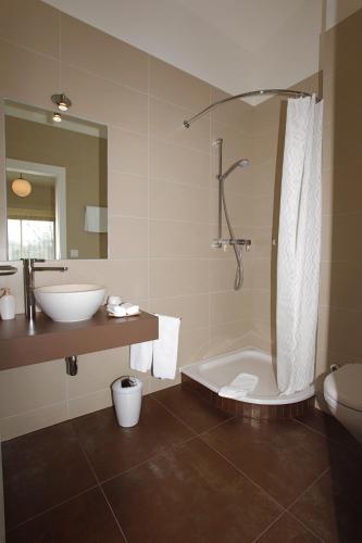 a bathroom with a sink and a shower and a tub at Motel Le Léman in Commugny