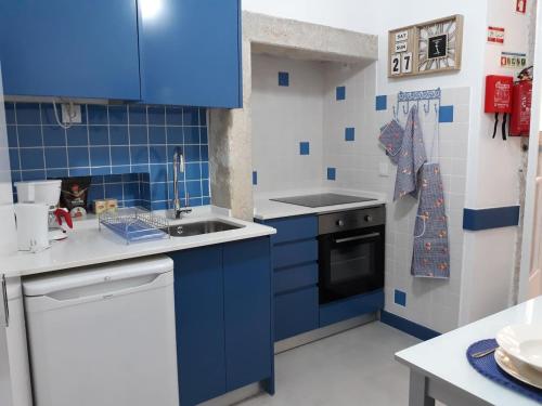 リスボンにあるLovely flat in Adamastorの青と白のキッチン(シンク、食器洗い機付)