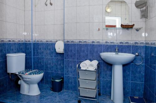 Scotty's Boutique Hotel في صوفيا: حمام من البلاط الأزرق مع مرحاض ومغسلة