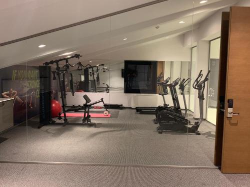 a gym with treadmills and ellipticals in a building at Hotel Rubis in Ferizaj