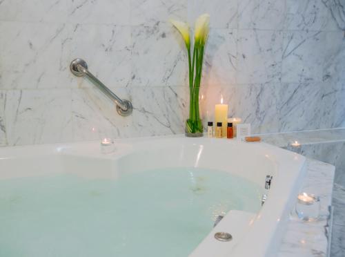 a bath tub with a vase with a plant in it at Delfines Hotel & Convention Center in Lima