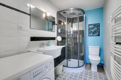 La salle de bains est pourvue d'une douche, d'un lavabo et de toilettes. dans l'établissement Appart-hôtel64 Bayonne, à Bayonne