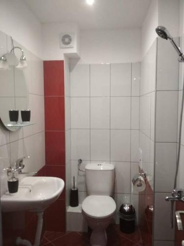 a bathroom with a white toilet and a sink at Veselata Guest House in Dolna Banya
