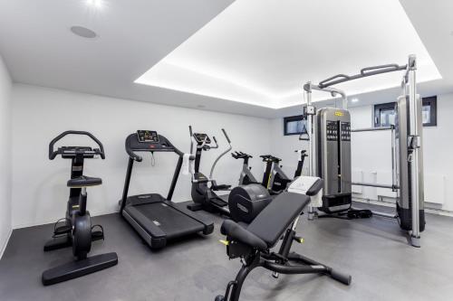 a gym with treadmills and exercise bikes in a room at VISIONAPARTMENTS Gutleutstrasse - contactless check-in in Frankfurt