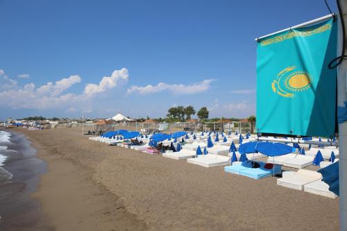 a row of blue and white chairs and umbrellas on a beach at Laren Family Hotel & Spa - Boutique Class in Antalya