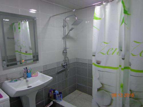 a bathroom with a shower curtain and a sink at My home udabno in Udabno