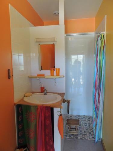 une salle de bain avec un lavabo et une douche dans l'établissement Maison d'hôtes et Campement Mariposa, à Lanne