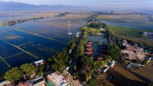 an aerial view of an island in the water at ViewPoint Ecolodge in Nyaung Shwe