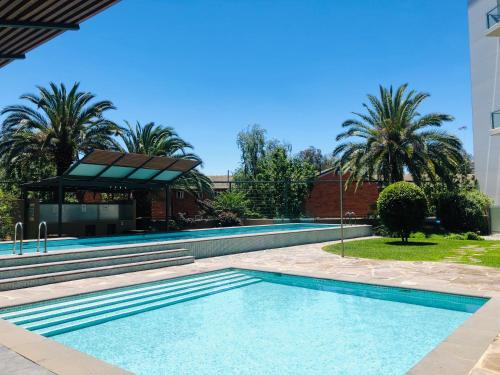 a swimming pool with palm trees and a building at Staying Places - The Avenue in Canberra