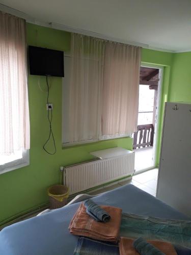 Dormitorio verde con cama y ventana en Bankers Guest House, en Veliko Gradiste