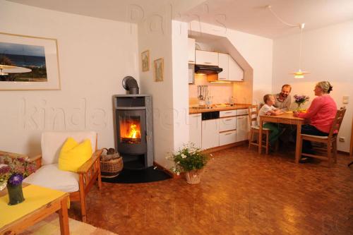 a group of people in a living room with a fireplace at Palm's kinderfreundliches Ferienhaus in Klütz