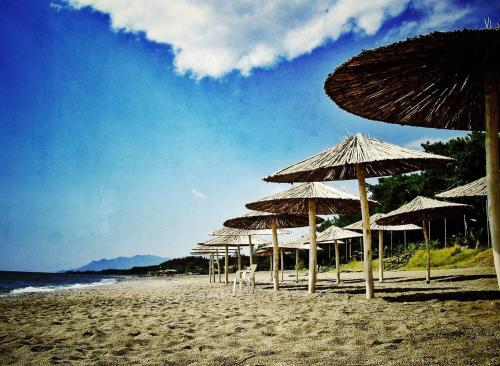 a group of straw umbrellas on a beach at Nice & Quiet Apartment in Best Area in Alexandroupoli
