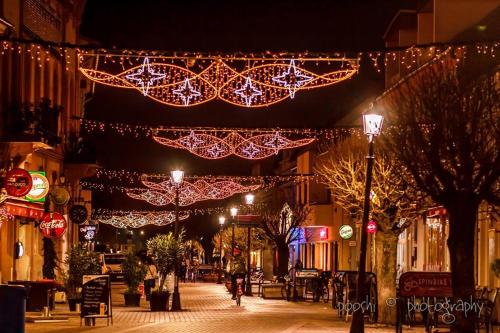 a city street with christmas lights hanging over it at Promenad Apartman in Mohács
