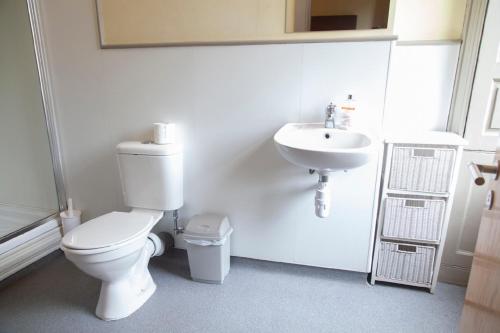 a white bathroom with a toilet and a sink at Dundee Backpackers Hostel in Dundee