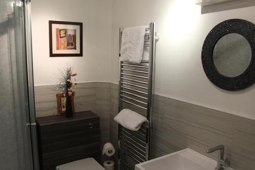 a bathroom with a toilet and a sink and a mirror at Dunmhor Guest House in Kingussie