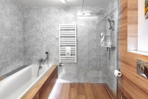 a bathroom with a shower and a tub and a sink at SOLAVO HOME&TRAVEL in Solec-Zdrój