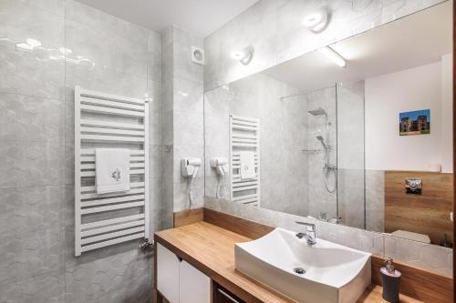 a bathroom with a sink and a mirror at SOLAVO HOME&TRAVEL in Solec-Zdrój