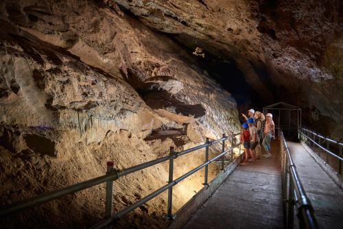a group of people walking into a cave at Wookey Hole Hotel in Wells