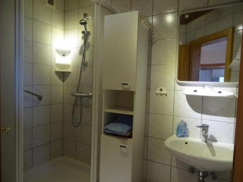 łazienka z prysznicem i umywalką w obiekcie Desl´s little farm w mieście Waldburg