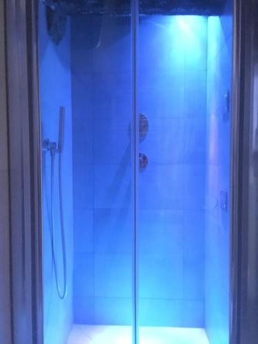 a shower with a glass door in a bathroom at Le Carezze home in Viterbo