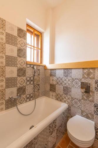 a bathroom with a toilet and a bath tub at Apartment Sirius G in center of CB in České Budějovice