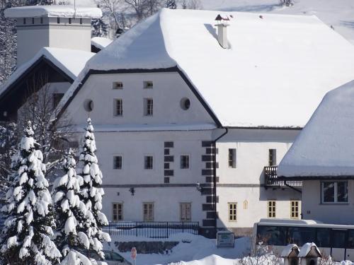 a large white building with a snow covered roof at Apartments Možinetova hiša in Šentjošt nad Horjulom