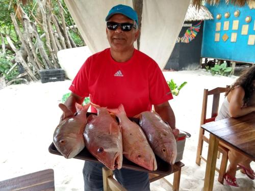 un hombre sosteniendo una bandeja de pescado en Green House, en Prea