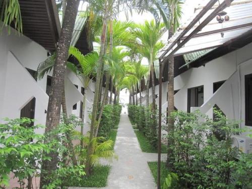 a corridor of a building with palm trees and a walkway at Hacienda Phuket in Patong Beach