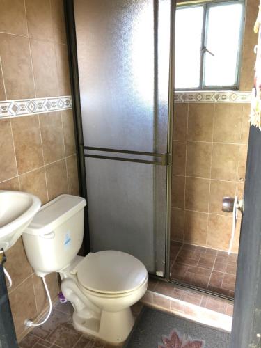 a bathroom with a toilet and a shower at CABAÑAS VILLA INES DE SUESCA in Suesca