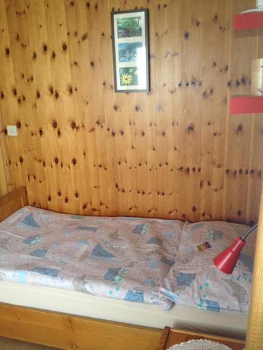 a bed in a wooden room with a red lamp at Hotel Restaurant Emshorn in Oberems