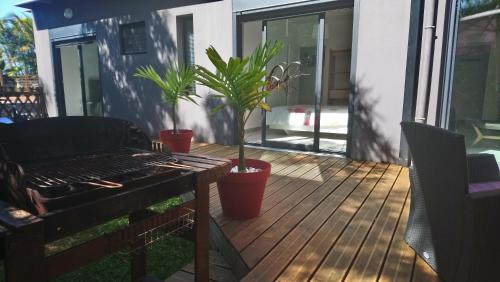 a patio with potted plants and a grill on a deck at Les Bambous in Petite Île