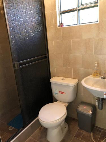 a bathroom with a toilet and a sink at CABAÑAS VILLA INES DE SUESCA in Suesca