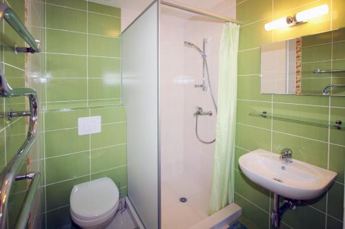 a bathroom with a shower and a toilet and a sink at Vila Medus in Palanga
