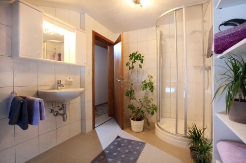 uma casa de banho com um lavatório e um chuveiro em Schwendter-Hof em Westendorf