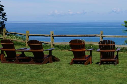 a group of chairs sitting in the grass near the ocean at Lakeview on the Lake in North East