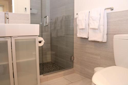 a bathroom with a shower and a toilet and towels at Cozy Furnished Studio in Beacon Hill #4 in Boston