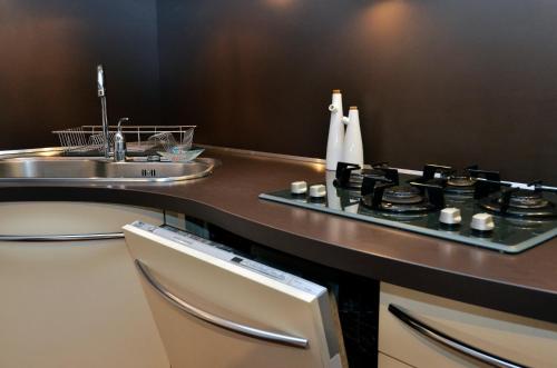a kitchen with a sink and a counter with a counter top at Erno Apartment in Lesa